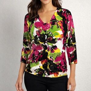 Joseph A Pink Green Yellow Floral Cardigan Light Knit Soft Sweater Casual Tops L